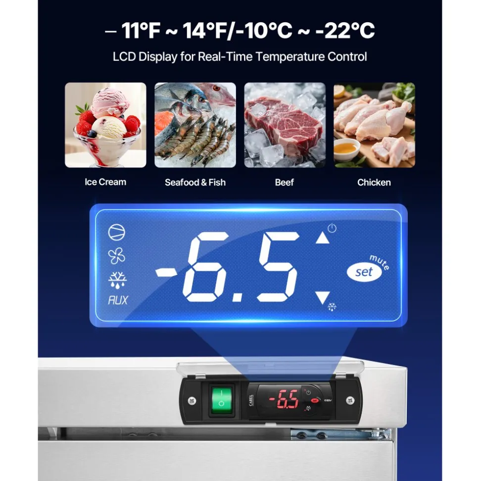 VEVOR 60" W Commercial Freezer, 14.8 Cu.Ft Worktop Freezers Undercounter with LED Auto Lighting and Lockable Door, 2 Doors Food Freezing Prep Worktable, Stainless Steel Prep Frozen Table with Casters
