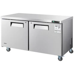 VEVOR 60" W Commercial Freezer, 14.8 Cu.Ft Worktop Freezers Undercounter with LED Auto Lighting and Lockable Door, 2 Doors Food Freezing Prep Worktable, Stainless Steel Prep Frozen Table with Casters