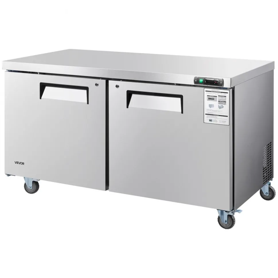 VEVOR 60" W Commercial Freezer, 14.8 Cu.Ft Worktop Freezers Undercounter with LED Auto Lighting and Lockable Door, 2 Doors Food Freezing Prep Worktable, Stainless Steel Prep Frozen Table with Casters