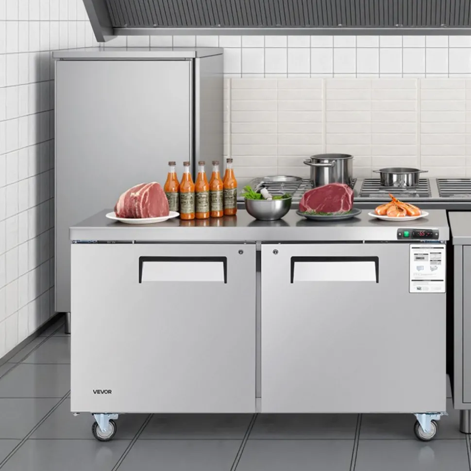 VEVOR 60" W Commercial Freezer, 14.8 Cu.Ft Worktop Freezers Undercounter with LED Auto Lighting and Lockable Door, 2 Doors Food Freezing Prep Worktable, Stainless Steel Prep Frozen Table with Casters