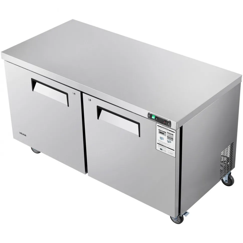 VEVOR 60" W Commercial Freezer, 14.8 Cu.Ft Worktop Freezers Undercounter with LED Auto Lighting and Lockable Door, 2 Doors Food Freezing Prep Worktable, Stainless Steel Prep Frozen Table with Casters