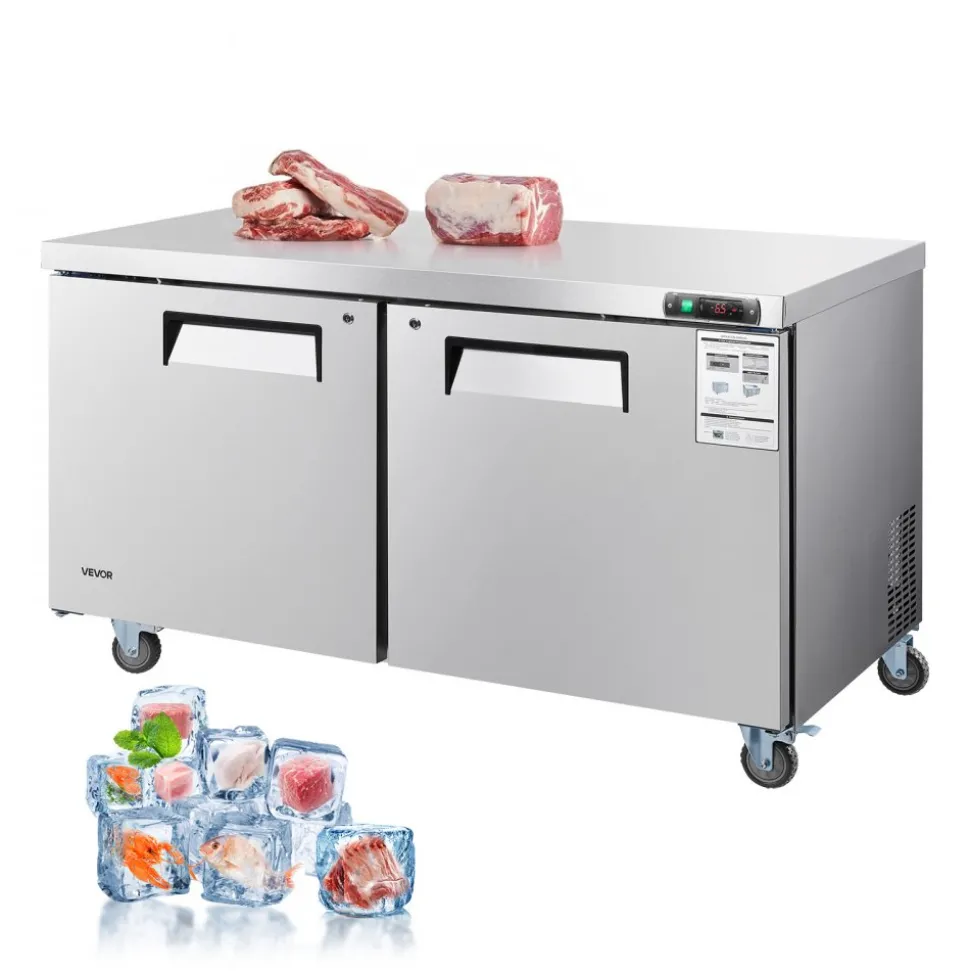 VEVOR 60" W Commercial Freezer, 14.8 Cu.Ft Worktop Freezers Undercounter with LED Auto Lighting and Lockable Door, 2 Doors Food Freezing Prep Worktable, Stainless Steel Prep Frozen Table with Casters