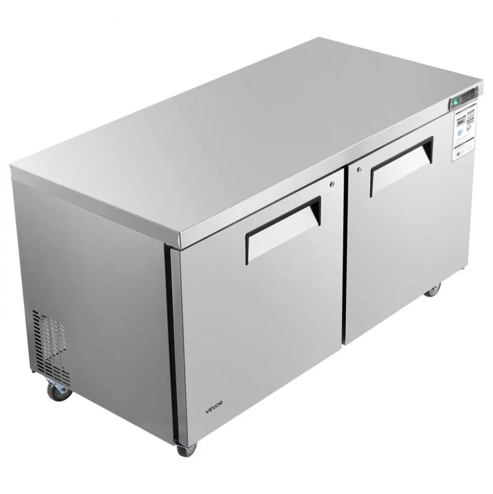 VEVOR 60" W Commercial Freezer, 14.8 Cu.Ft Worktop Freezers Undercounter with LED Auto Lighting and Lockable Door, 2 Doors Food Freezing Prep Worktable, Stainless Steel Prep Frozen Table with Casters