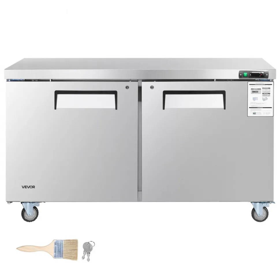 VEVOR 60" W Commercial Freezer, 14.8 Cu.Ft Worktop Freezers Undercounter with LED Auto Lighting and Lockable Door, 2 Doors Food Freezing Prep Worktable, Stainless Steel Prep Frozen Table with Casters