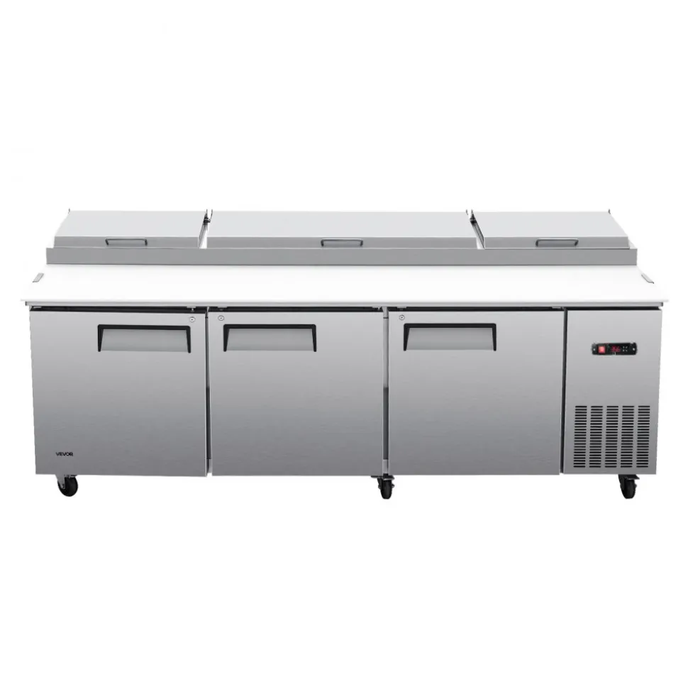 VEVOR 94"W Commercial Refrigerator 29.6 Cu. Ft Pizza Prep Table Fridge, 19" Ultra Wide Cutting Board Salad Refrigerated Worktop, Mega Top Stainless Steel Food Prep Cooler, 12 x 1/3 Pans with Lids