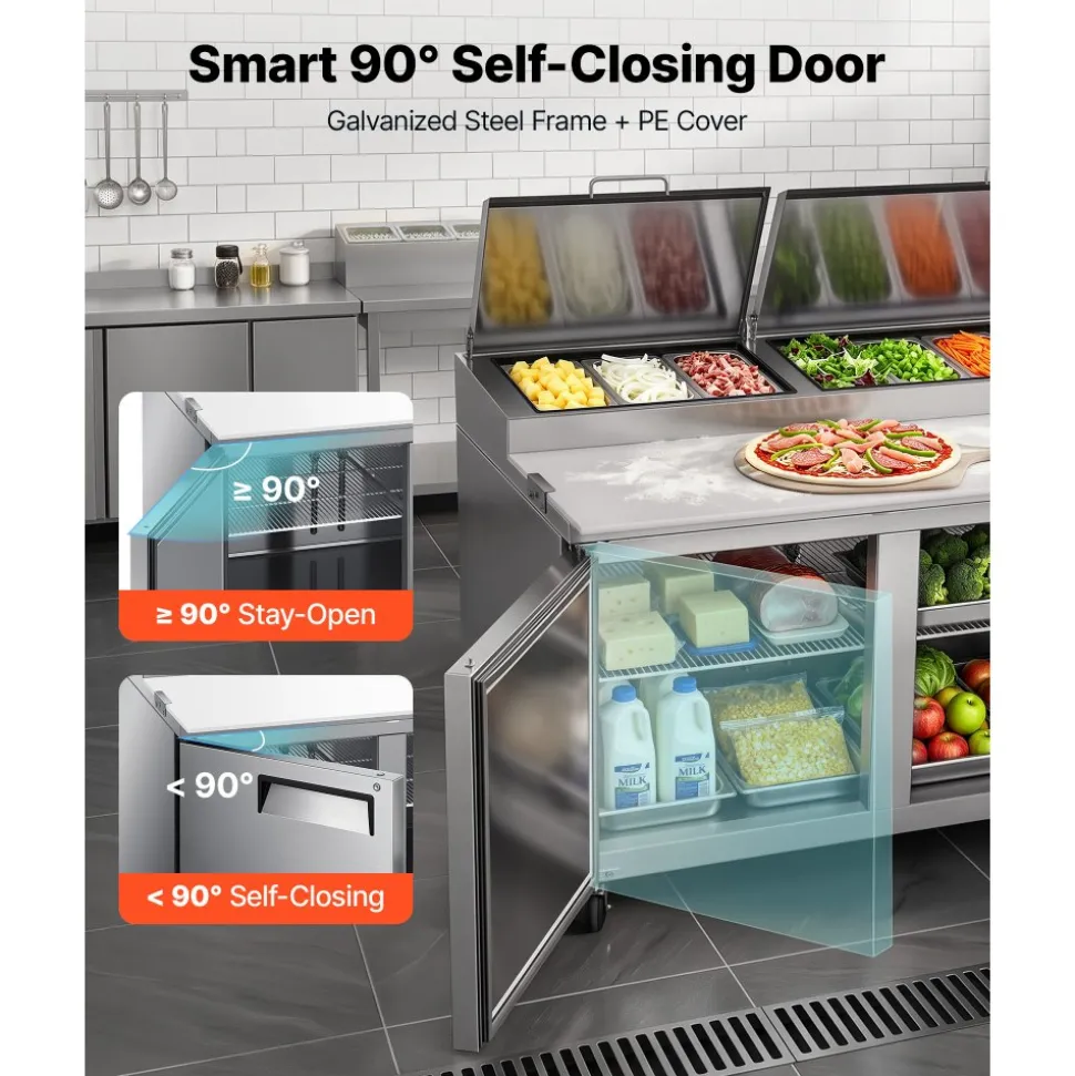 VEVOR 94"W Commercial Refrigerator 29.6 Cu. Ft Pizza Prep Table Fridge, 19" Ultra Wide Cutting Board Salad Refrigerated Worktop, Mega Top Stainless Steel Food Prep Cooler, 12 x 1/3 Pans with Lids