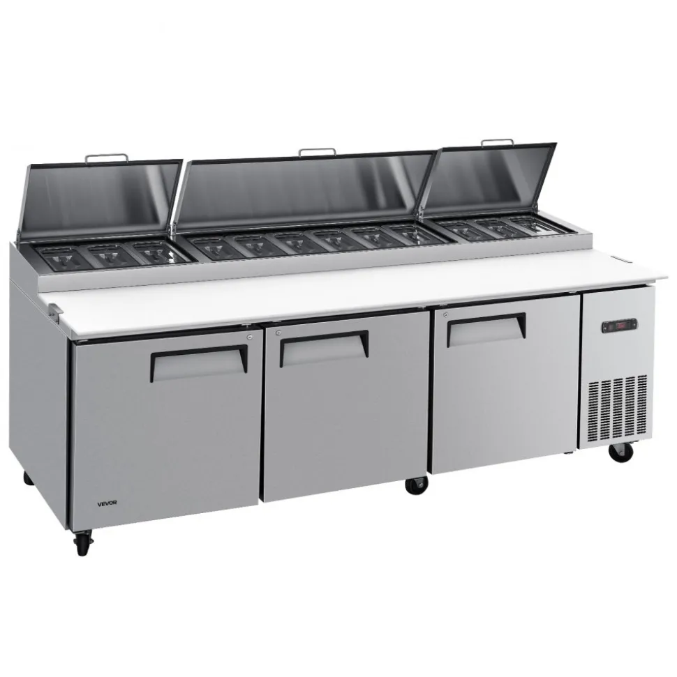 VEVOR 94"W Commercial Refrigerator 29.6 Cu. Ft Pizza Prep Table Fridge, 19" Ultra Wide Cutting Board Salad Refrigerated Worktop, Mega Top Stainless Steel Food Prep Cooler, 12 x 1/3 Pans with Lids