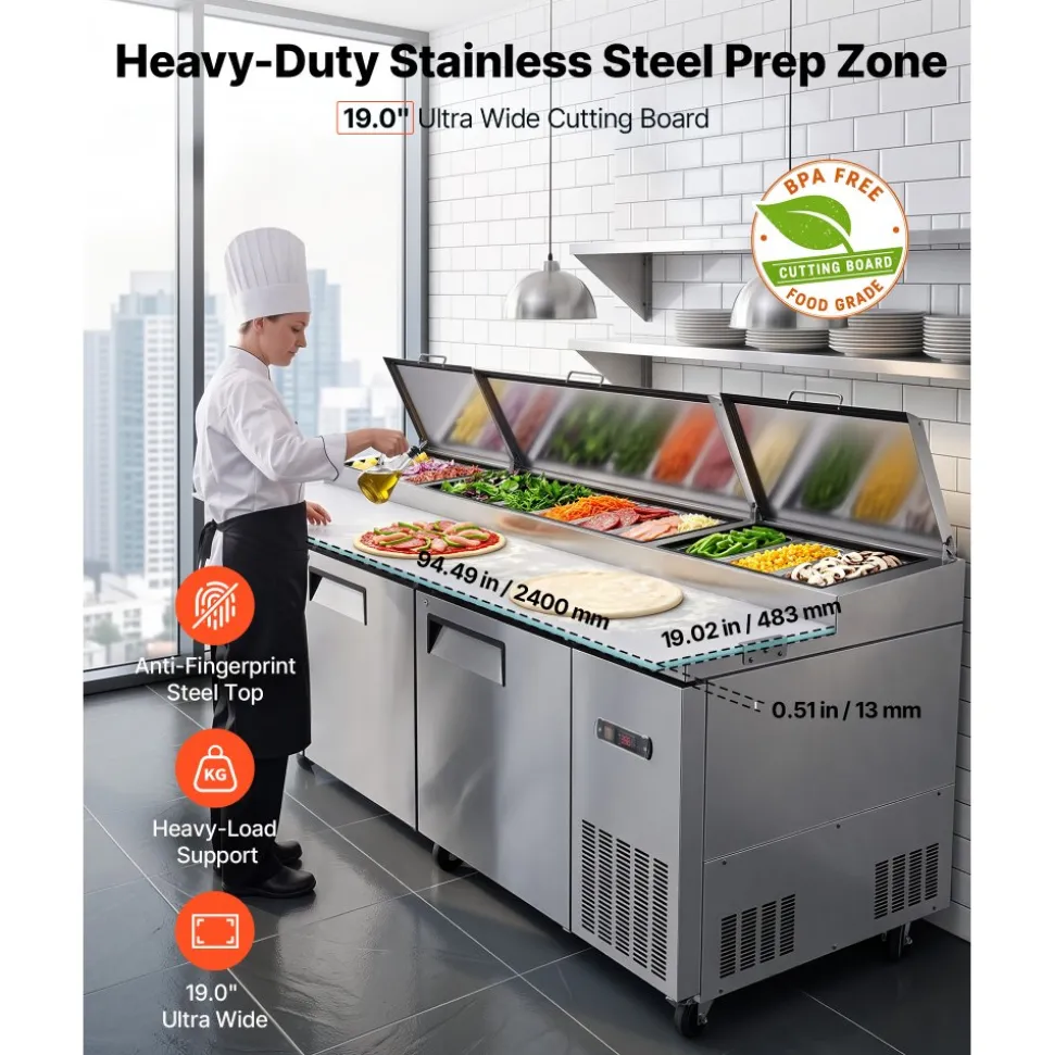 VEVOR 94"W Commercial Refrigerator 29.6 Cu. Ft Pizza Prep Table Fridge, 19" Ultra Wide Cutting Board Salad Refrigerated Worktop, Mega Top Stainless Steel Food Prep Cooler, 12 x 1/3 Pans with Lids