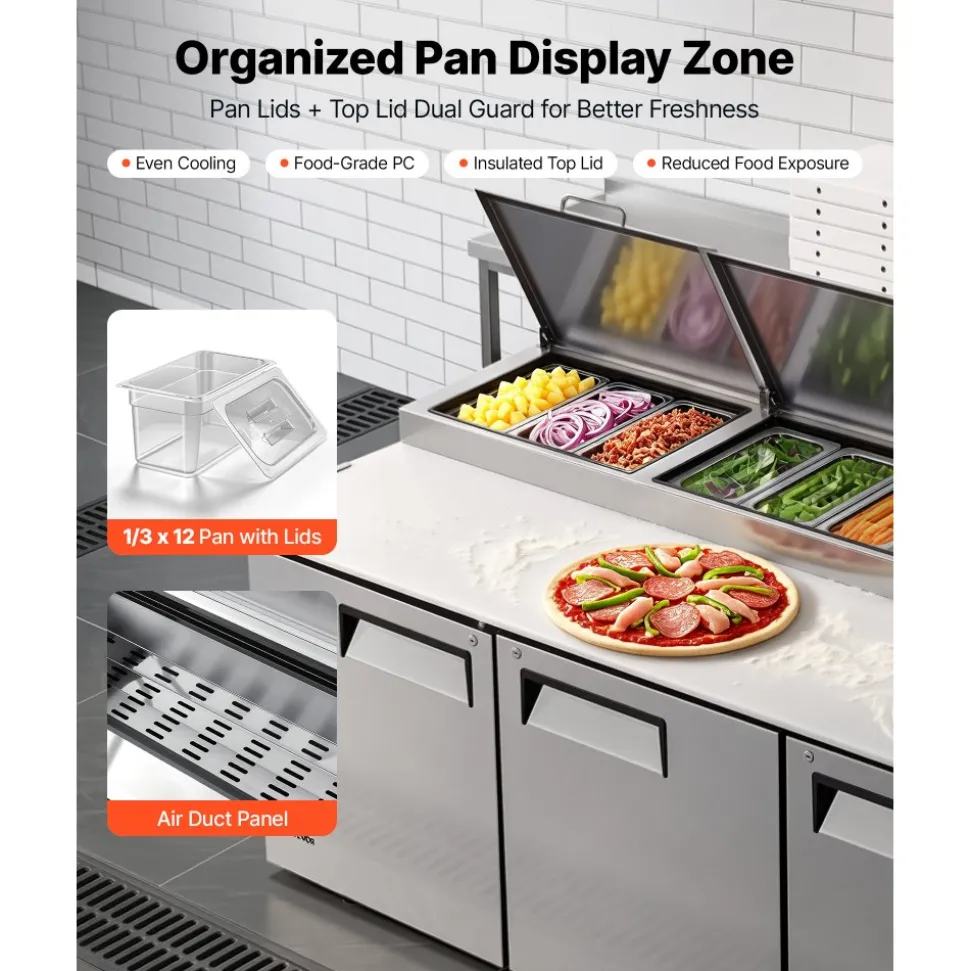 VEVOR 94"W Commercial Refrigerator 29.6 Cu. Ft Pizza Prep Table Fridge, 19" Ultra Wide Cutting Board Salad Refrigerated Worktop, Mega Top Stainless Steel Food Prep Cooler, 12 x 1/3 Pans with Lids