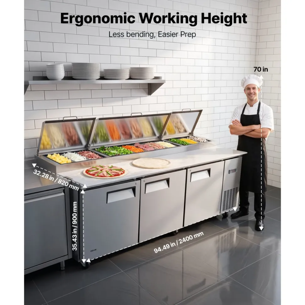 VEVOR 94"W Commercial Refrigerator 29.6 Cu. Ft Pizza Prep Table Fridge, 19" Ultra Wide Cutting Board Salad Refrigerated Worktop, Mega Top Stainless Steel Food Prep Cooler, 12 x 1/3 Pans with Lids