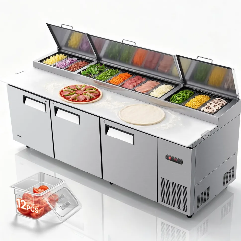 VEVOR 94"W Commercial Refrigerator 29.6 Cu. Ft Pizza Prep Table Fridge, 19" Ultra Wide Cutting Board Salad Refrigerated Worktop, Mega Top Stainless Steel Food Prep Cooler, 12 x 1/3 Pans with Lids