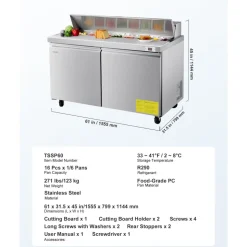 VEVOR 60"W Commercial Refrigerator, 15.4 Cu. Ft Sandwich Prep Refrigerated Table, Mega Top Food Prep Fridge with 16 Pans and Cutting Board, Stainless Steel Salad Prep Cooler for Restaurant, Food Truck