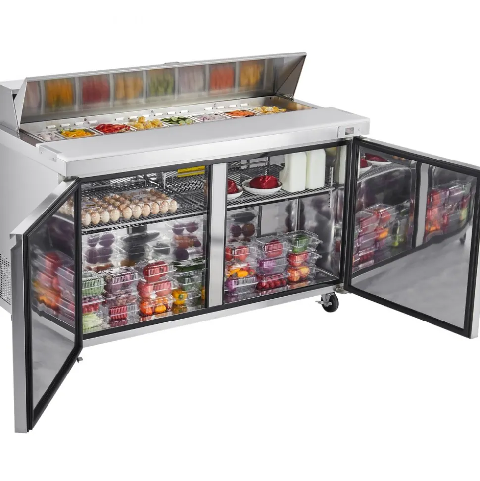 VEVOR 60"W Commercial Refrigerator, 15.4 Cu. Ft Sandwich Prep Refrigerated Table, Mega Top Food Prep Fridge with 16 Pans and Cutting Board, Stainless Steel Salad Prep Cooler for Restaurant, Food Truck