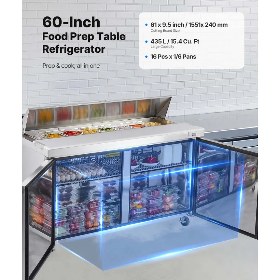 VEVOR 60"W Commercial Refrigerator, 15.4 Cu. Ft Sandwich Prep Refrigerated Table, Mega Top Food Prep Fridge with 16 Pans and Cutting Board, Stainless Steel Salad Prep Cooler for Restaurant, Food Truck