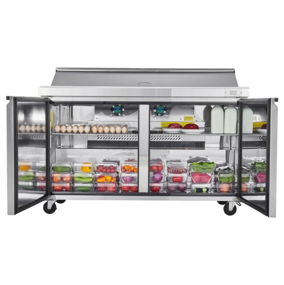 VEVOR 60"W Commercial Refrigerator, 15.4 Cu. Ft Sandwich Prep Refrigerated Table, Mega Top Food Prep Fridge with 16 Pans and Cutting Board, Stainless Steel Salad Prep Cooler for Restaurant, Food Truck