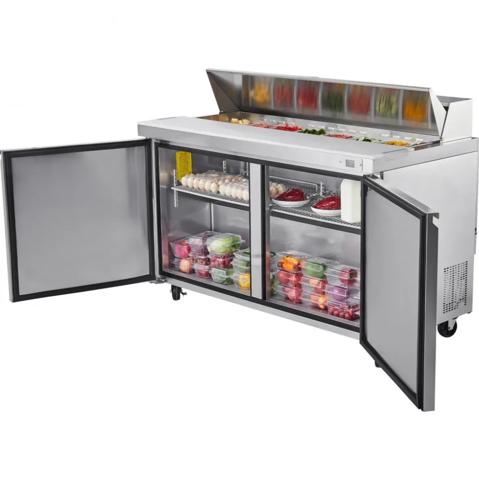 VEVOR 60"W Commercial Refrigerator, 15.4 Cu. Ft Sandwich Prep Refrigerated Table, Mega Top Food Prep Fridge with 16 Pans and Cutting Board, Stainless Steel Salad Prep Cooler for Restaurant, Food Truck