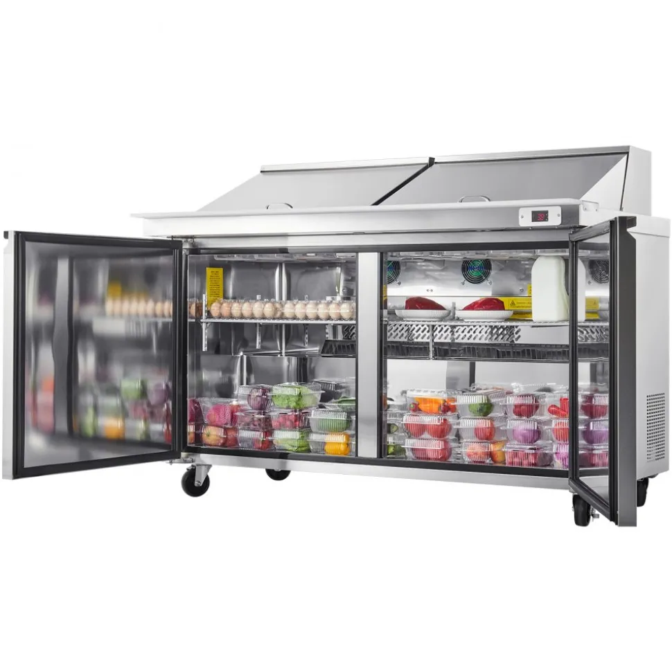 VEVOR 60"W Commercial Refrigerator, 15.4 Cu. Ft Sandwich Prep Refrigerated Table, Mega Top Food Prep Fridge with 24 Pans and Cutting Board, Stainless Steel Salad Prep Cooler for Restaurant, Food Truck