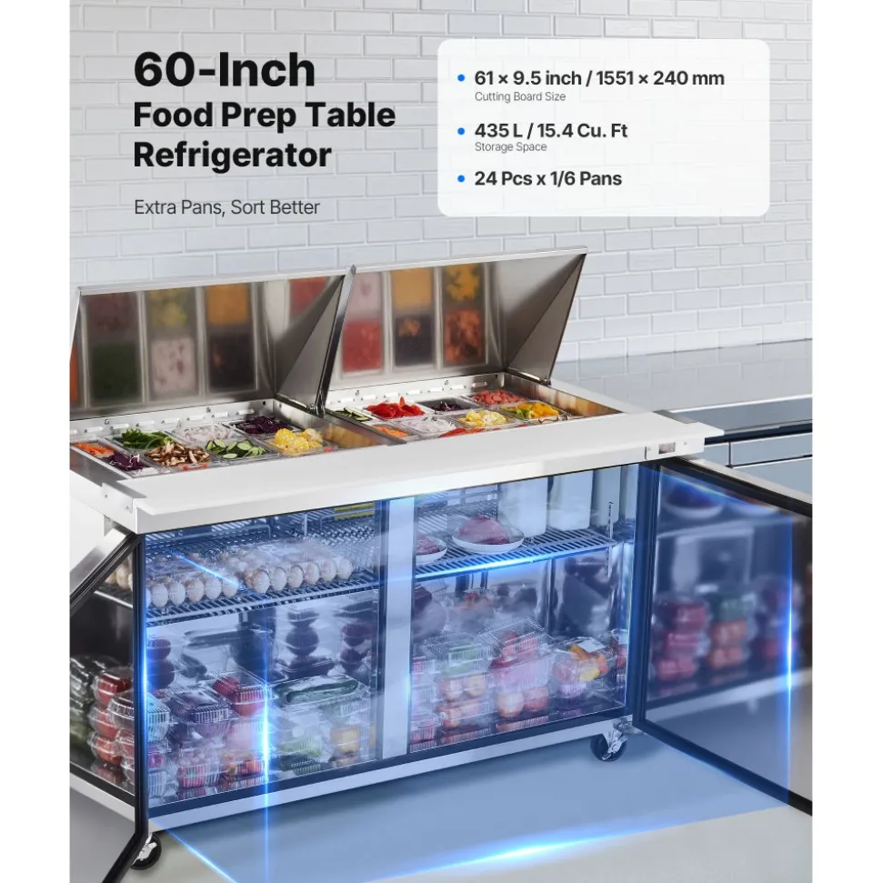 VEVOR 60"W Commercial Refrigerator, 15.4 Cu. Ft Sandwich Prep Refrigerated Table, Mega Top Food Prep Fridge with 24 Pans and Cutting Board, Stainless Steel Salad Prep Cooler for Restaurant, Food Truck