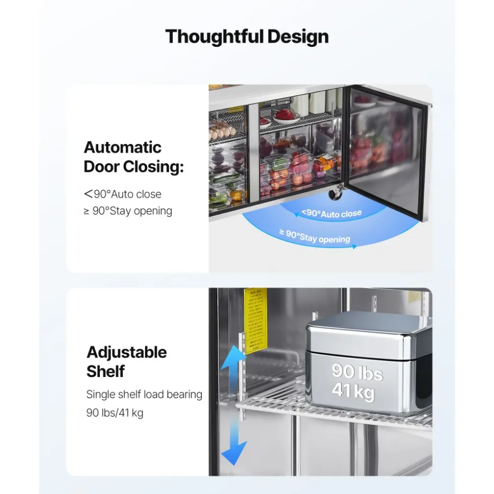 VEVOR 60"W Commercial Refrigerator, 15.4 Cu. Ft Sandwich Prep Refrigerated Table, Mega Top Food Prep Fridge with 24 Pans and Cutting Board, Stainless Steel Salad Prep Cooler for Restaurant, Food Truck