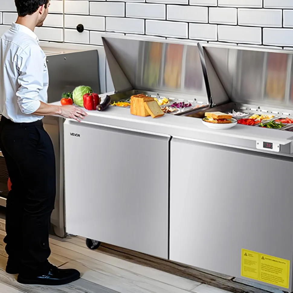 VEVOR 60"W Commercial Refrigerator, 15.4 Cu. Ft Sandwich Prep Refrigerated Table, Mega Top Food Prep Fridge with 24 Pans and Cutting Board, Stainless Steel Salad Prep Cooler for Restaurant, Food Truck