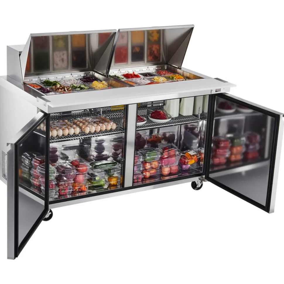 VEVOR 60"W Commercial Refrigerator, 15.4 Cu. Ft Sandwich Prep Refrigerated Table, Mega Top Food Prep Fridge with 24 Pans and Cutting Board, Stainless Steel Salad Prep Cooler for Restaurant, Food Truck