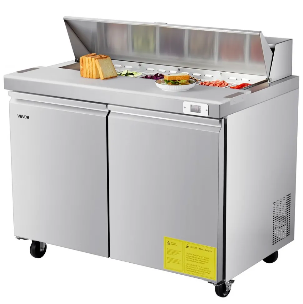 VEVOR 48"W Commercial Refrigerator, 12.5 Cu. Ft Sandwich Prep Refrigerated Table, Mega Top Food Prep Fridge with 12 Pans and Cutting Board, Stainless Steel Salad Prep Cooler for Restaurant, Food Truck