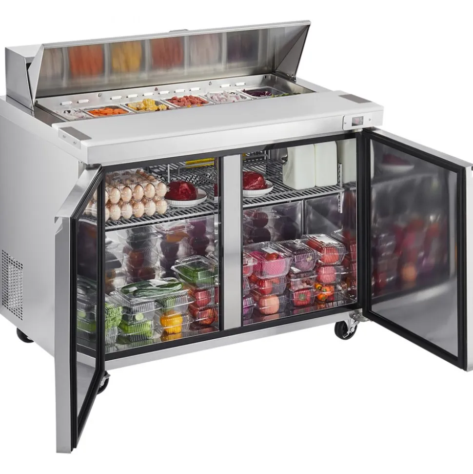 VEVOR 48"W Commercial Refrigerator, 12.5 Cu. Ft Sandwich Prep Refrigerated Table, Mega Top Food Prep Fridge with 12 Pans and Cutting Board, Stainless Steel Salad Prep Cooler for Restaurant, Food Truck