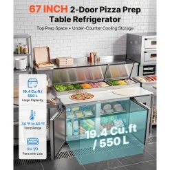 VEVOR 67"W Commercial Refrigerator 19.4 Cu. Ft Pizza Prep Table Fridge, 19" Ultra Wide Cutting Board Salad Refrigerated Worktop, Mega Top Stainless Steel Food Prep Cooler, 9 x 1/3 Pans with Lids