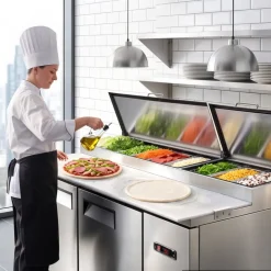 VEVOR 67"W Commercial Refrigerator 19.4 Cu. Ft Pizza Prep Table Fridge, 19" Ultra Wide Cutting Board Salad Refrigerated Worktop, Mega Top Stainless Steel Food Prep Cooler, 9 x 1/3 Pans with Lids