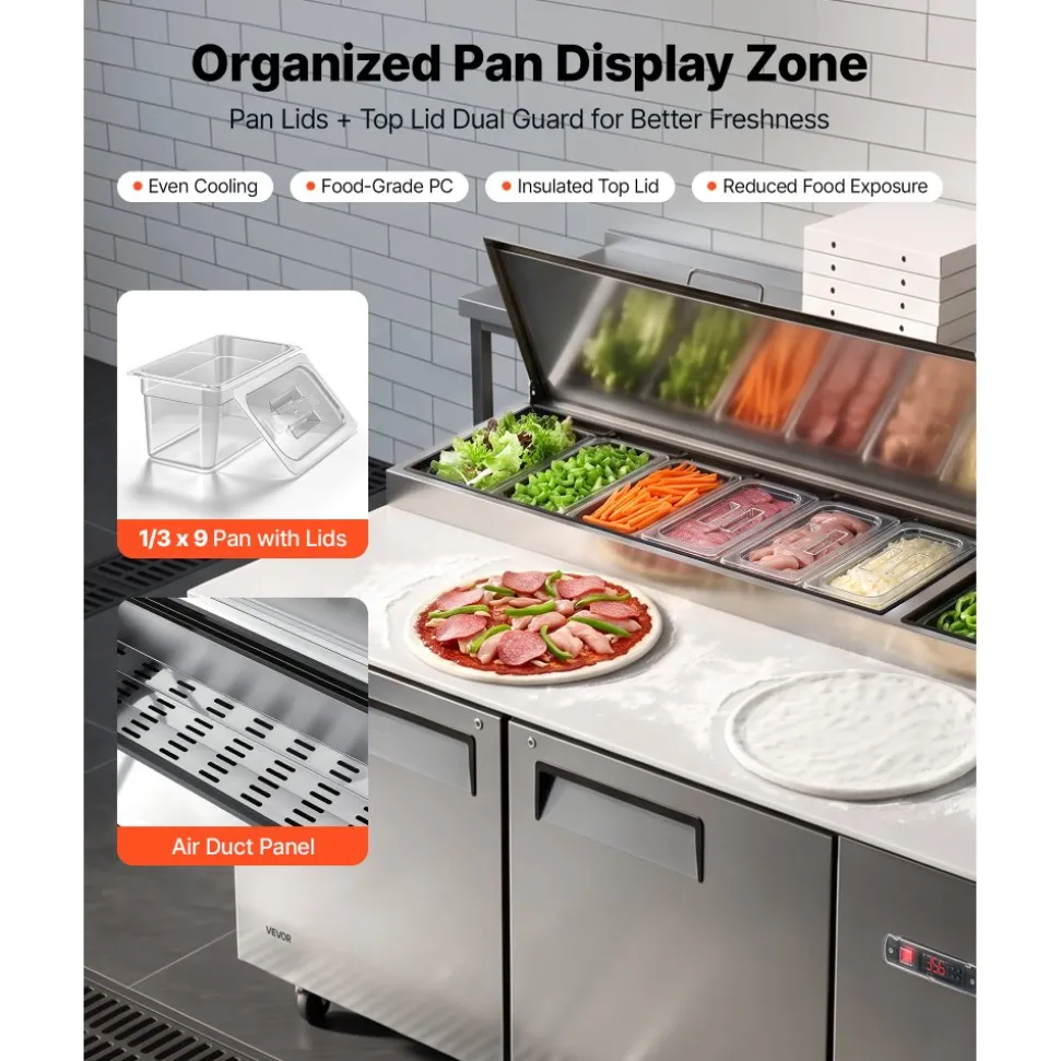 VEVOR 67"W Commercial Refrigerator 19.4 Cu. Ft Pizza Prep Table Fridge, 19" Ultra Wide Cutting Board Salad Refrigerated Worktop, Mega Top Stainless Steel Food Prep Cooler, 9 x 1/3 Pans with Lids