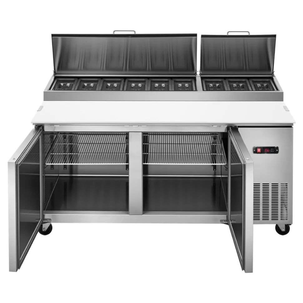 VEVOR 67"W Commercial Refrigerator 19.4 Cu. Ft Pizza Prep Table Fridge, 19" Ultra Wide Cutting Board Salad Refrigerated Worktop, Mega Top Stainless Steel Food Prep Cooler, 9 x 1/3 Pans with Lids