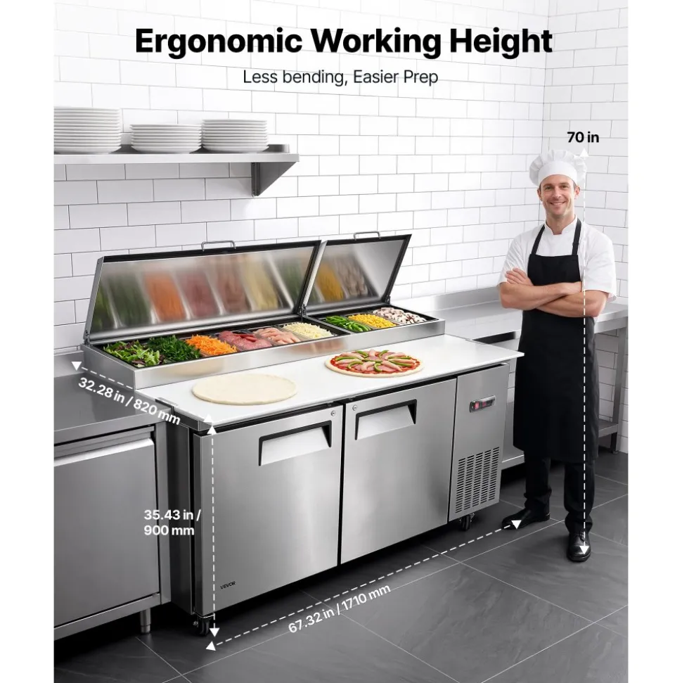 VEVOR 67"W Commercial Refrigerator 19.4 Cu. Ft Pizza Prep Table Fridge, 19" Ultra Wide Cutting Board Salad Refrigerated Worktop, Mega Top Stainless Steel Food Prep Cooler, 9 x 1/3 Pans with Lids