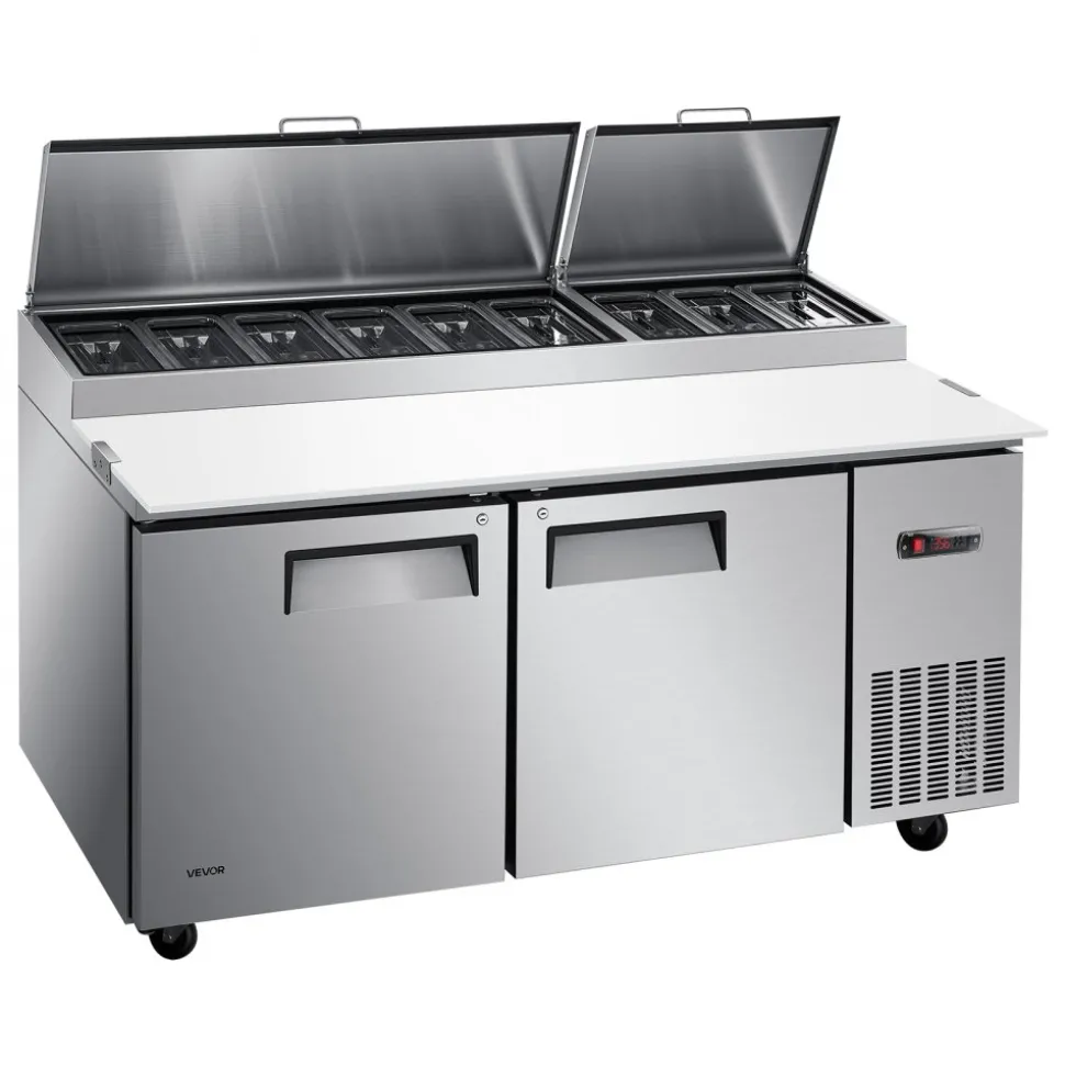 VEVOR 67"W Commercial Refrigerator 19.4 Cu. Ft Pizza Prep Table Fridge, 19" Ultra Wide Cutting Board Salad Refrigerated Worktop, Mega Top Stainless Steel Food Prep Cooler, 9 x 1/3 Pans with Lids