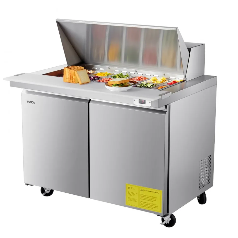 VEVOR 48"W Commercial Refrigerator, 12.5 Cu. Ft Sandwich Prep Refrigerated Table, Mega Top Food Prep Fridge with 18 Pans and Cutting Board, Stainless Steel Salad Prep Cooler for Restaurant, Food Truck