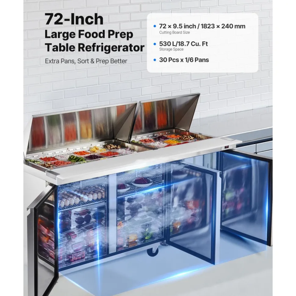 VEVOR 72"W Commercial Refrigerator, 18.7 Cu. Ft Sandwich Prep Refrigerated Table, Mega Top Food Prep Fridge with 30 Pans and Cutting Board, Stainless Steel Salad Prep Cooler for Restaurant, Food Truck