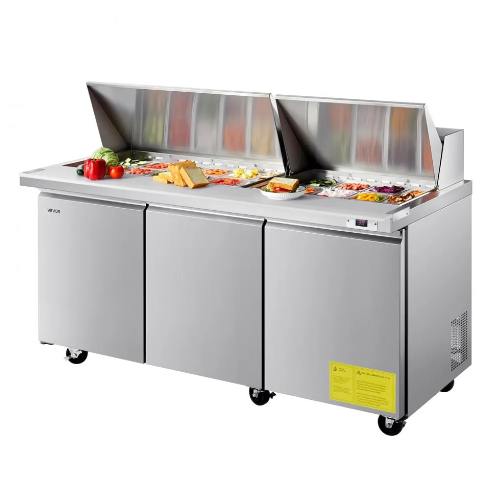 VEVOR 72"W Commercial Refrigerator, 18.7 Cu. Ft Sandwich Prep Refrigerated Table, Mega Top Food Prep Fridge with 30 Pans and Cutting Board, Stainless Steel Salad Prep Cooler for Restaurant, Food Truck