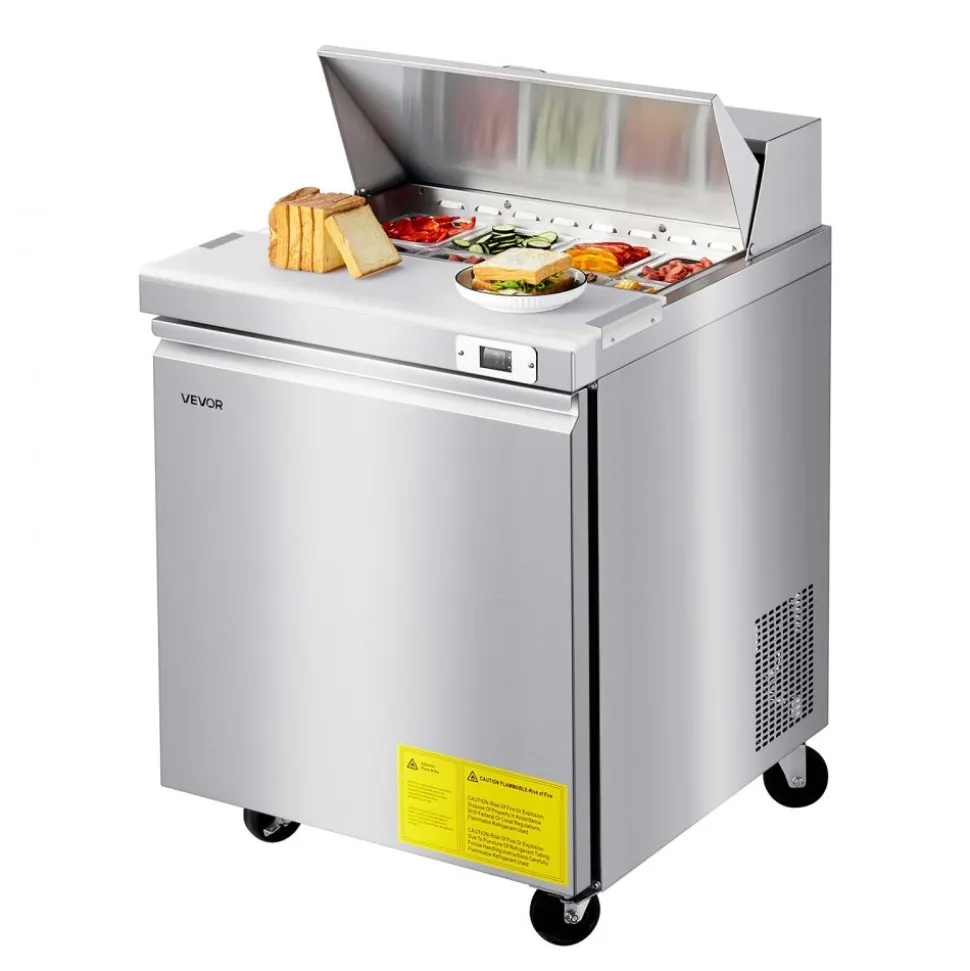 VEVOR 28"W Commercial Refrigerator, 7.1 Cu. Ft Sandwich Prep Refrigerated Table, Mega Top Food Prep Fridge with 8 Pans and Cutting Board, Stainless Steel Salad Prep Cooler for Restaurant, Food Truck
