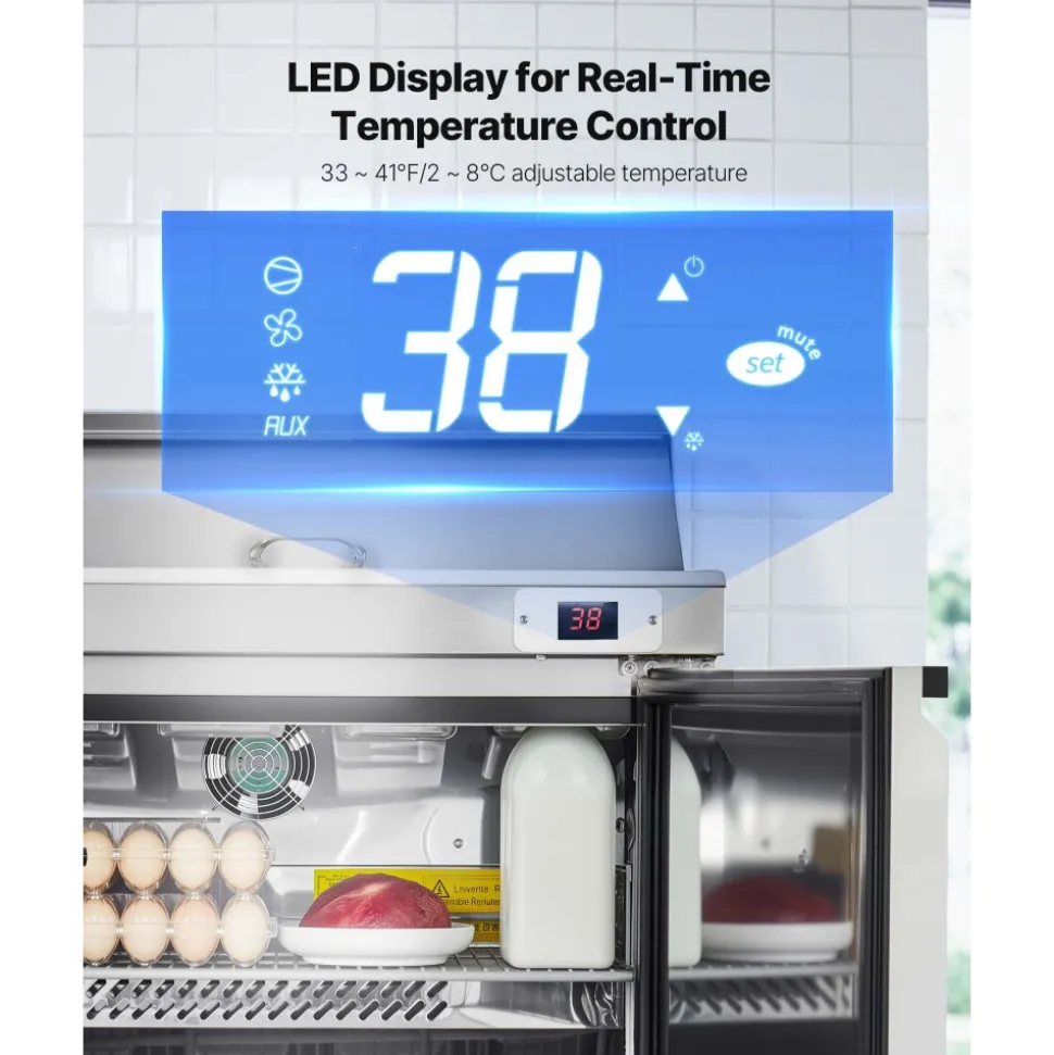 VEVOR 28"W Commercial Refrigerator, 7.1 Cu. Ft Sandwich Prep Refrigerated Table, Mega Top Food Prep Fridge with 8 Pans and Cutting Board, Stainless Steel Salad Prep Cooler for Restaurant, Food Truck