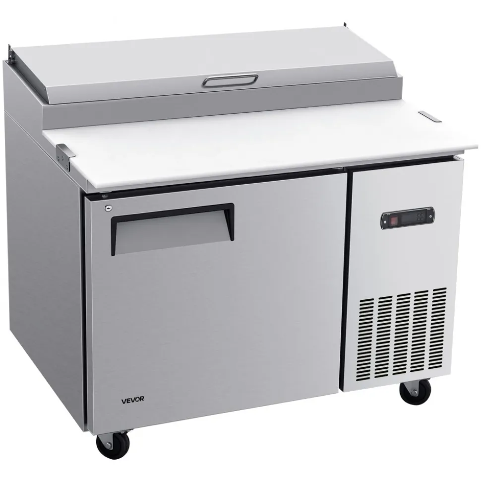 VEVOR 44"W Commercial Refrigerator 10.8 Cu. Ft Pizza Prep Table Fridge, 19" Ultra Wide Cutting Board Salad Refrigerated Worktop, Mega Top Stainless Steel Food Prep Cooler, 6 x 1/3 Pans with Lids