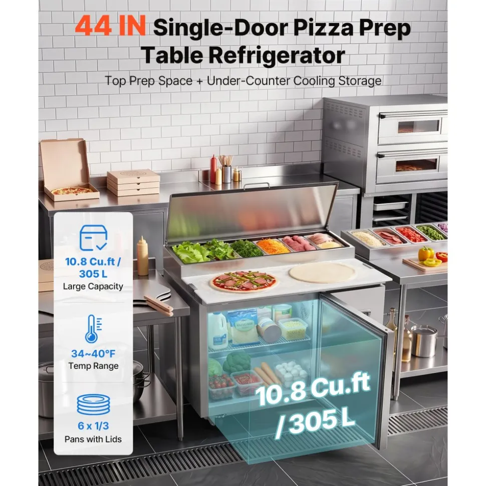 VEVOR 44"W Commercial Refrigerator 10.8 Cu. Ft Pizza Prep Table Fridge, 19" Ultra Wide Cutting Board Salad Refrigerated Worktop, Mega Top Stainless Steel Food Prep Cooler, 6 x 1/3 Pans with Lids