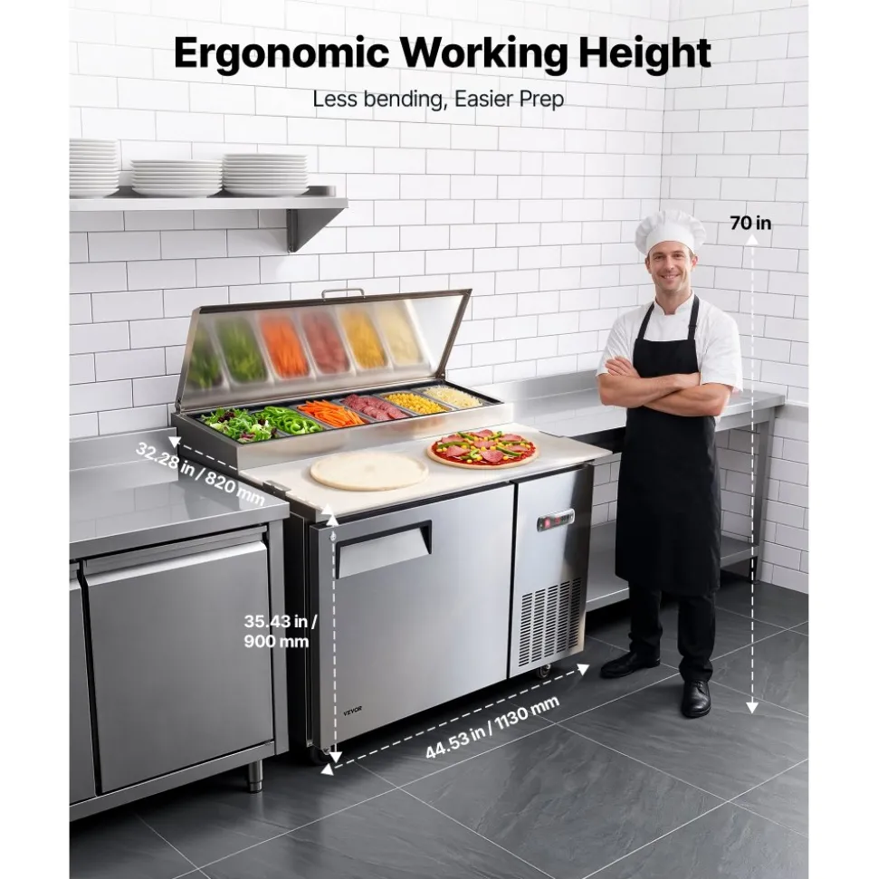 VEVOR 44"W Commercial Refrigerator 10.8 Cu. Ft Pizza Prep Table Fridge, 19" Ultra Wide Cutting Board Salad Refrigerated Worktop, Mega Top Stainless Steel Food Prep Cooler, 6 x 1/3 Pans with Lids