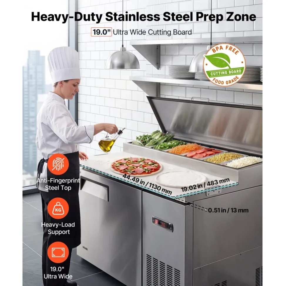 VEVOR 44"W Commercial Refrigerator 10.8 Cu. Ft Pizza Prep Table Fridge, 19" Ultra Wide Cutting Board Salad Refrigerated Worktop, Mega Top Stainless Steel Food Prep Cooler, 6 x 1/3 Pans with Lids