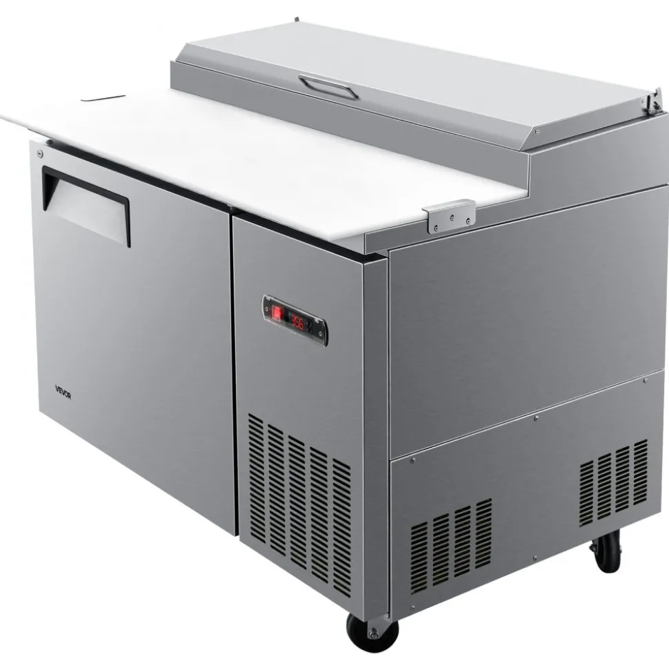 VEVOR 44"W Commercial Refrigerator 10.8 Cu. Ft Pizza Prep Table Fridge, 19" Ultra Wide Cutting Board Salad Refrigerated Worktop, Mega Top Stainless Steel Food Prep Cooler, 6 x 1/3 Pans with Lids