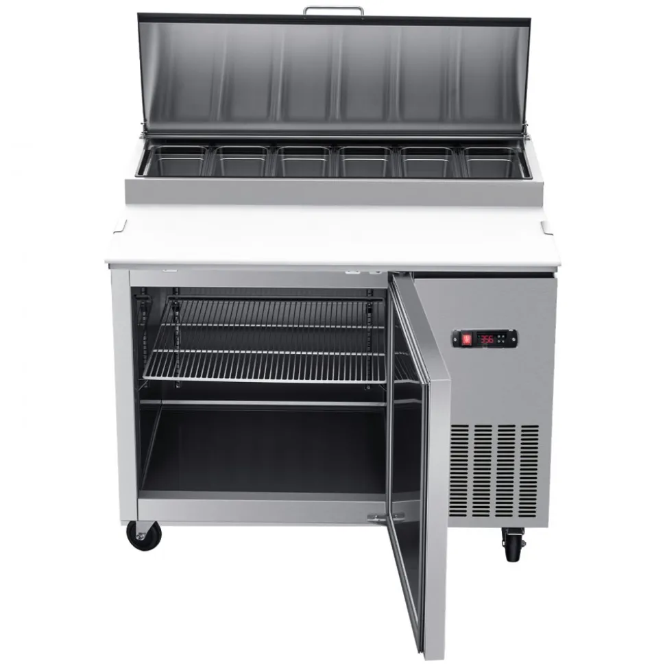 VEVOR 44"W Commercial Refrigerator 10.8 Cu. Ft Pizza Prep Table Fridge, 19" Ultra Wide Cutting Board Salad Refrigerated Worktop, Mega Top Stainless Steel Food Prep Cooler, 6 x 1/3 Pans with Lids