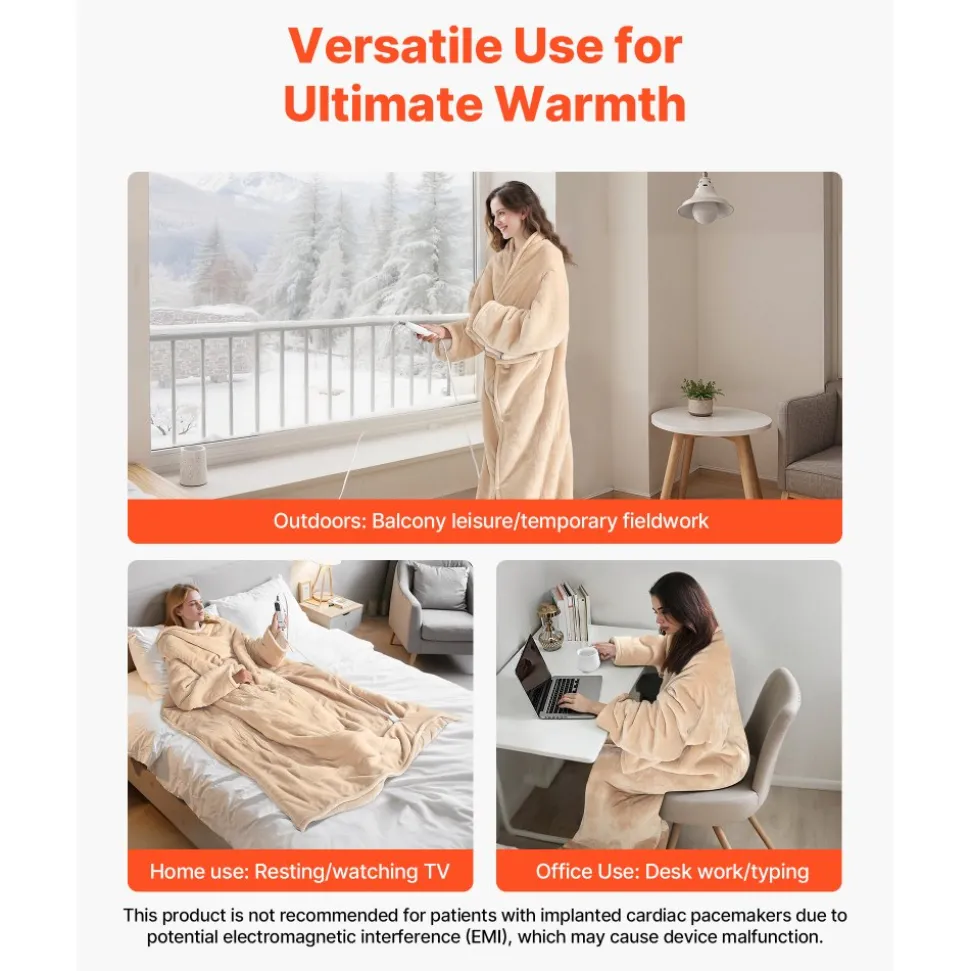 VEVOR Wearable Electric Heated Throw Blanket with Foot Pocket & Sleeves, Portable Robe Snuggie Blankets for Women, 10 Heating Levels, 12H Auto Shut-Off, Machine Washable, 50 x 70 inch, Beige