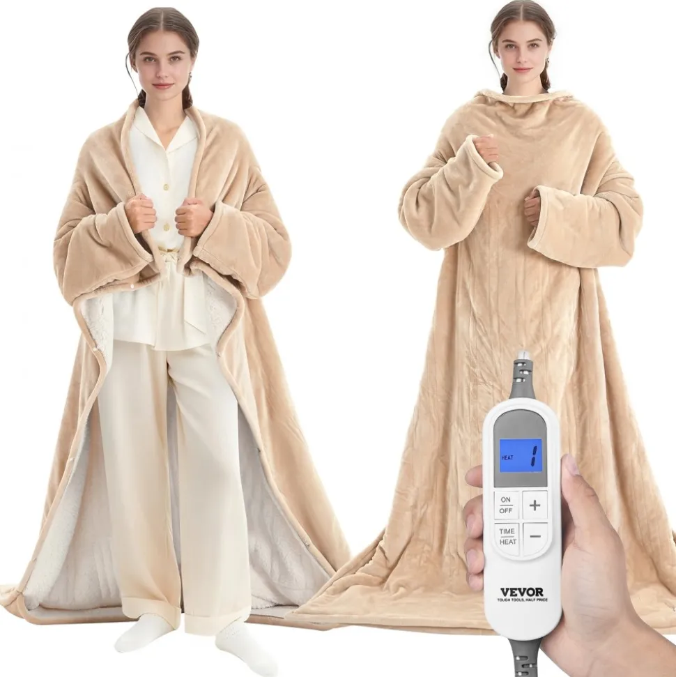 VEVOR Wearable Electric Heated Throw Blanket with Foot Pocket & Sleeves, Portable Robe Snuggie Blankets for Women, 10 Heating Levels, 12H Auto Shut-Off, Machine Washable, 50 x 70 inch, Beige