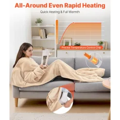 VEVOR Wearable Electric Heated Throw Blanket with Foot Pocket & Sleeves, Portable Robe Snuggie Blankets for Women, 10 Heating Levels, 12H Auto Shut-Off, Machine Washable, 50 x 70 inch, Beige