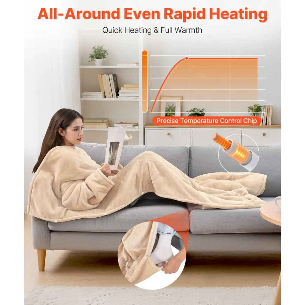 VEVOR Wearable Electric Heated Throw Blanket with Foot Pocket & Sleeves, Portable Robe Snuggie Blankets for Women, 10 Heating Levels, 12H Auto Shut-Off, Machine Washable, 50 x 70 inch, Beige