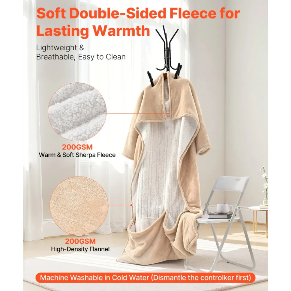 VEVOR Wearable Electric Heated Throw Blanket with Foot Pocket & Sleeves, Portable Robe Snuggie Blankets for Women, 10 Heating Levels, 12H Auto Shut-Off, Machine Washable, 50 x 70 inch, Beige