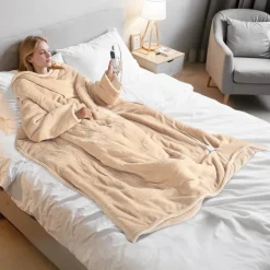 VEVOR Wearable Electric Heated Throw Blanket with Foot Pocket & Sleeves, Portable Robe Snuggie Blankets for Women, 10 Heating Levels, 12H Auto Shut-Off, Machine Washable, 50 x 70 inch, Beige